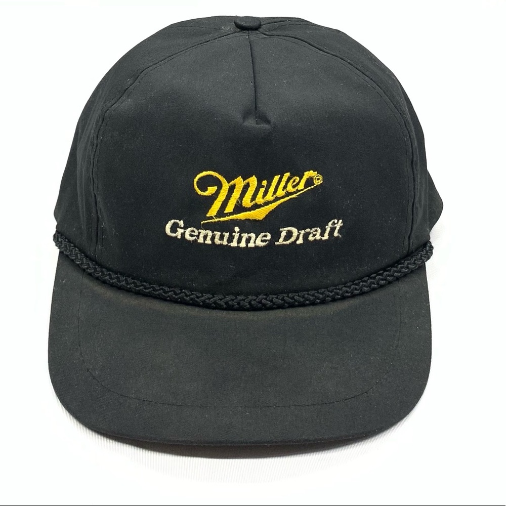 Vintage 90s Miller Genuine Draft Black Snapback Trucker Hat Cap Rope